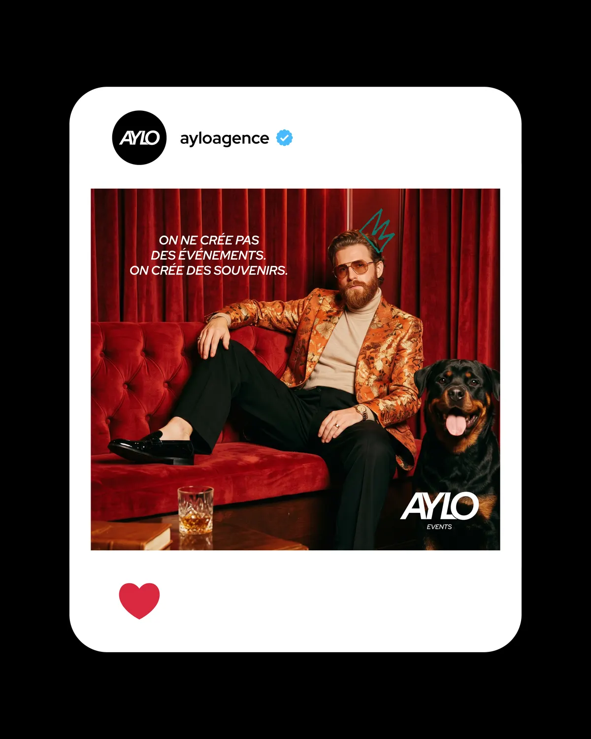 Publication Instagram d'AYLO au ton humoristique : « On ne crée pas des événements, on crée des souvenirs »