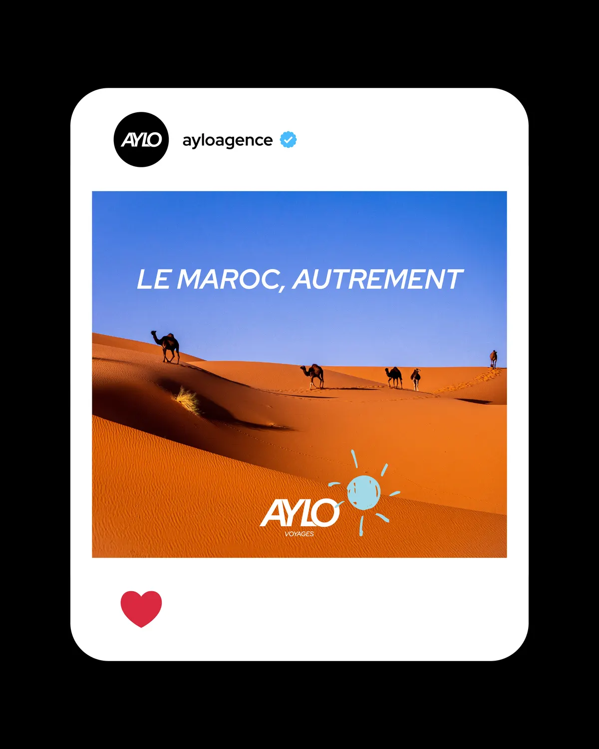 Publication Instagram d'AYLO Voyages « Le Maroc, autrement » sur une photo de dunes