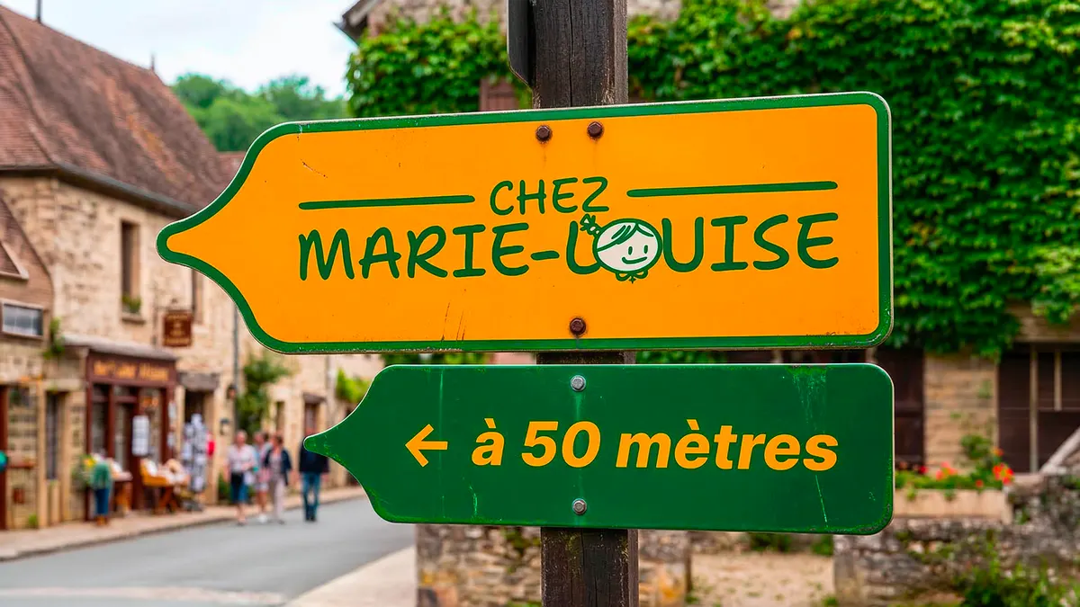 Panneaux directionnels jaune et vert « Chez Marie-Louise, à 50 mètres » dans une rue de village