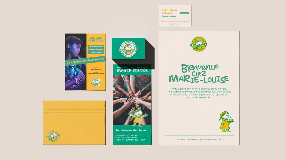 Papeterie de Chez Marie-Louise : flyers, enveloppe, kakémono et affiche « Bienvenue chez Marie-Louise »
