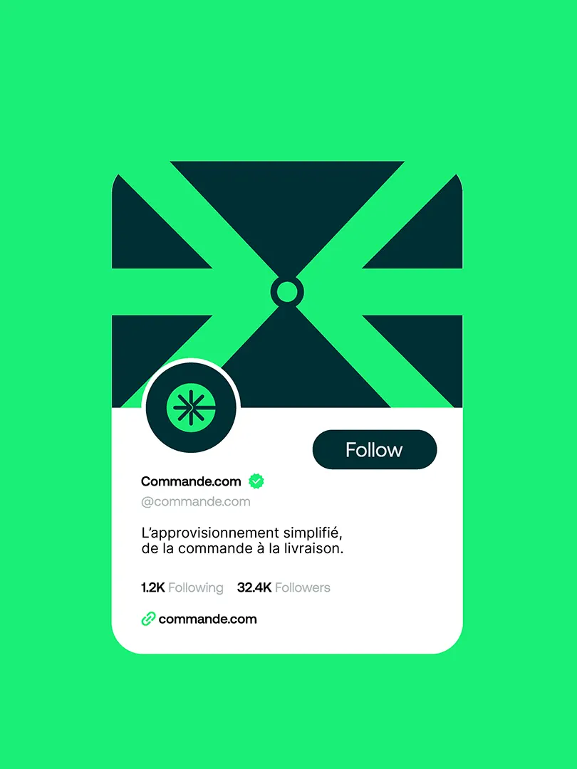 Profil de réseau social Commande.com sur fond vert vif