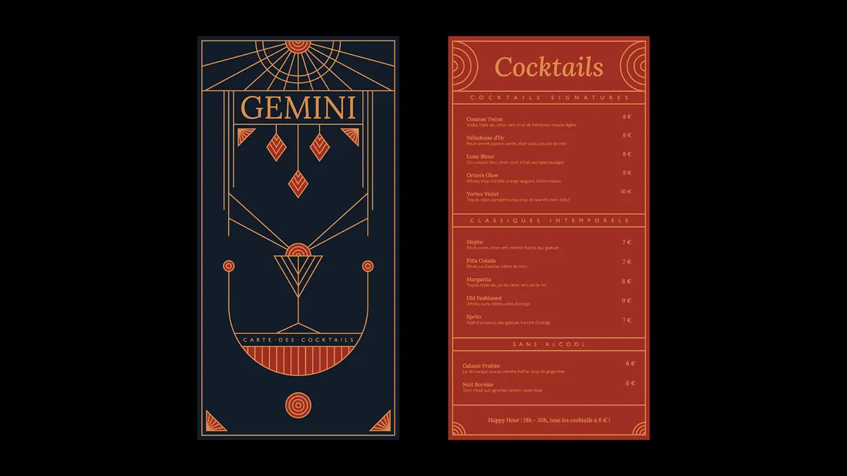 Carte des cocktails de Gemini, recto bleu nuit à motifs Art Déco et verso rouge
