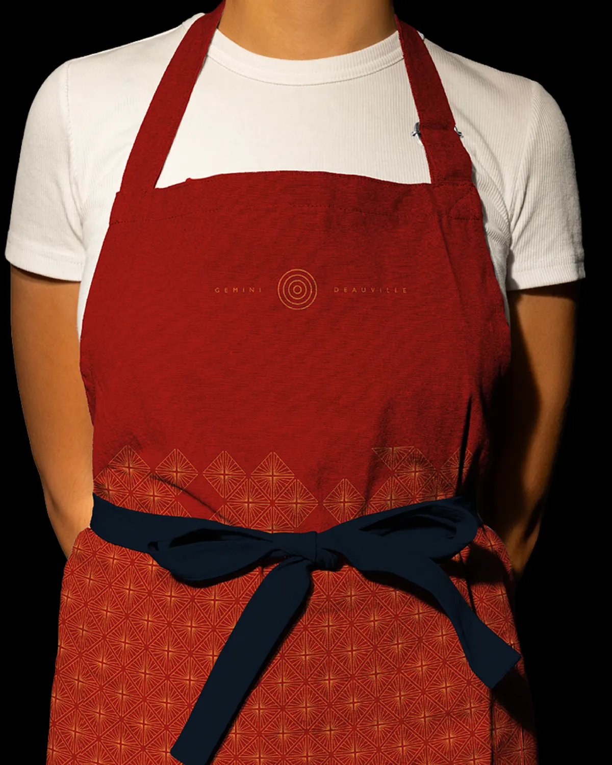 Tablier rouge de serveur au motif géométrique et au logo de Gemini