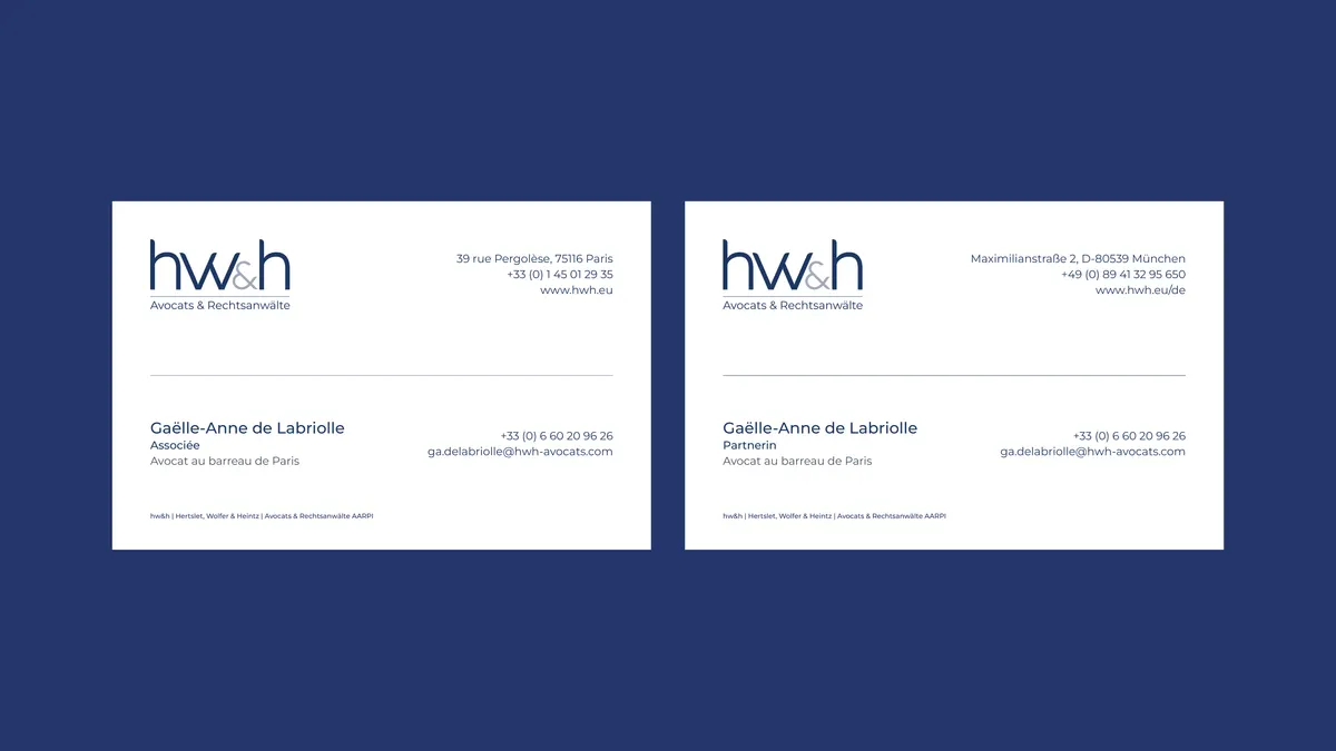 Cartes de visite blanches du cabinet hw&h, recto et verso