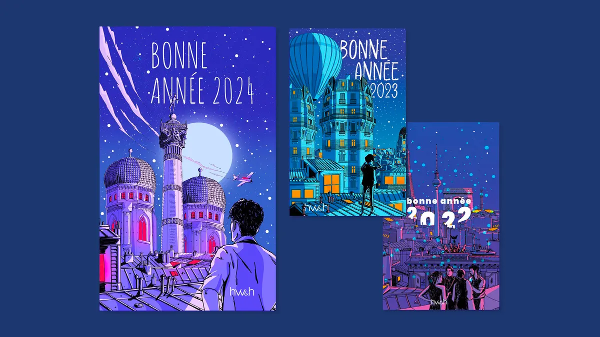 Cartes de vœux illustrées Hertslet Wolfer & Heintz 2022, 2023 et 2024, scènes nocturnes bleues et violettes