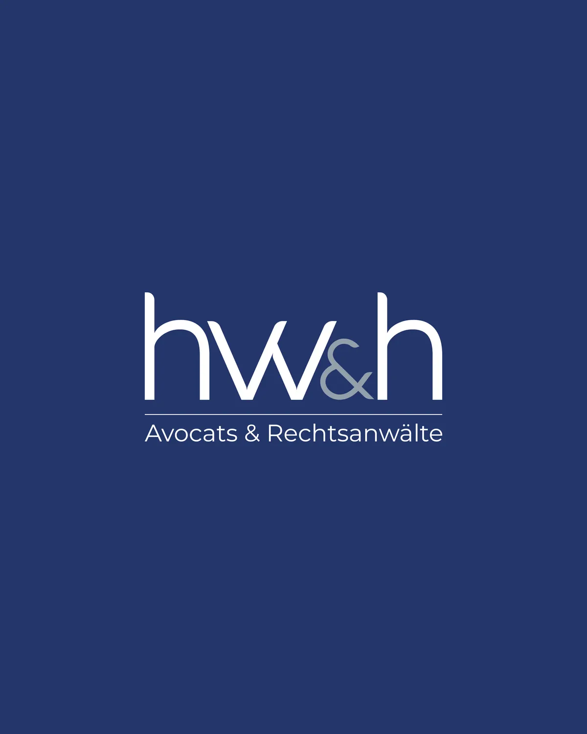 Logo hw&h Avocats & Rechtsanwälte, blanc sur fond bleu marine