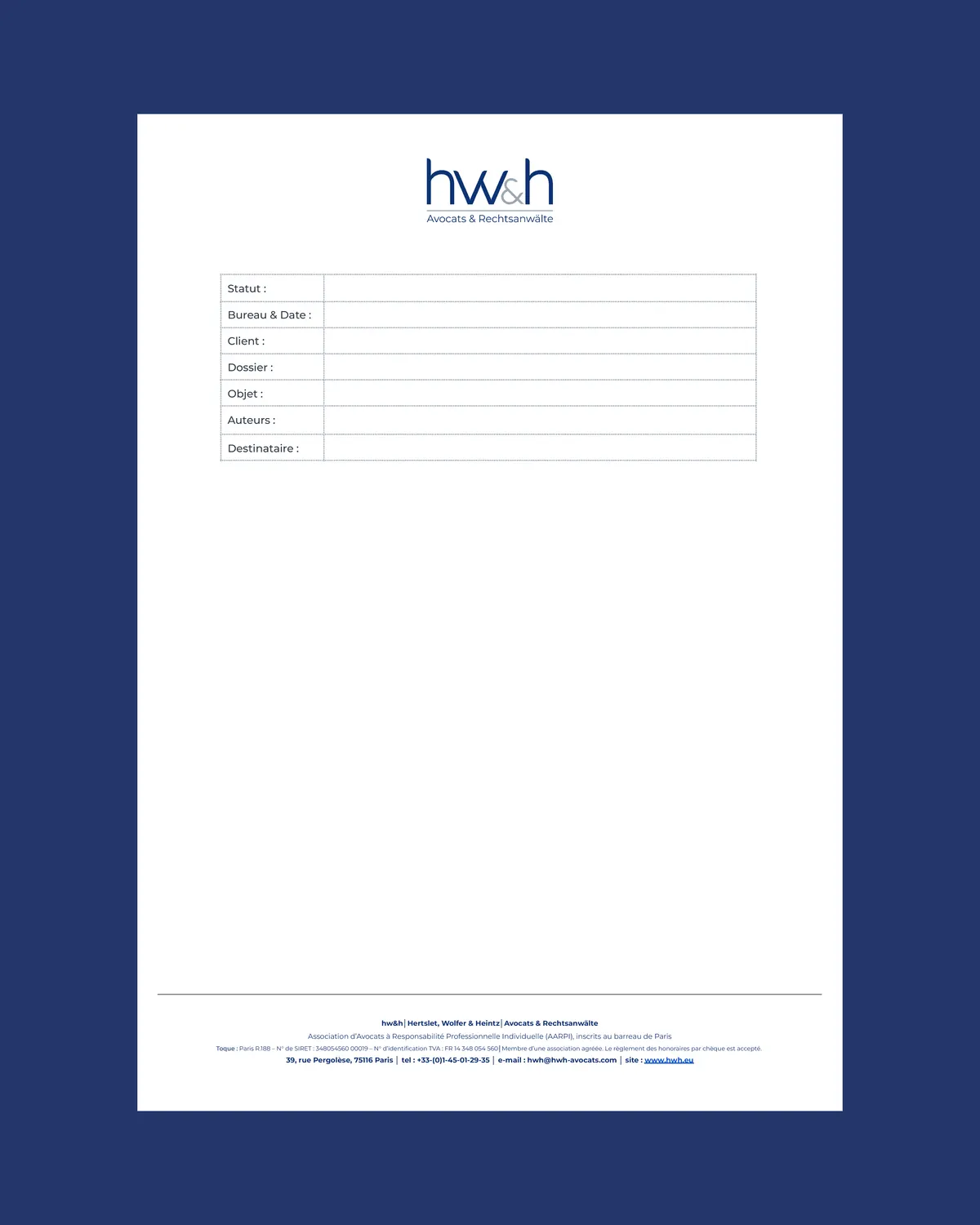 Modèle de bordereau au logo hw&h sur fond bleu marine