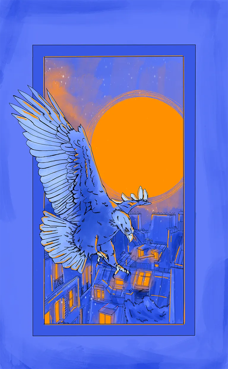 Illustration : aigle bleu survolant une ville la nuit devant un soleil orange