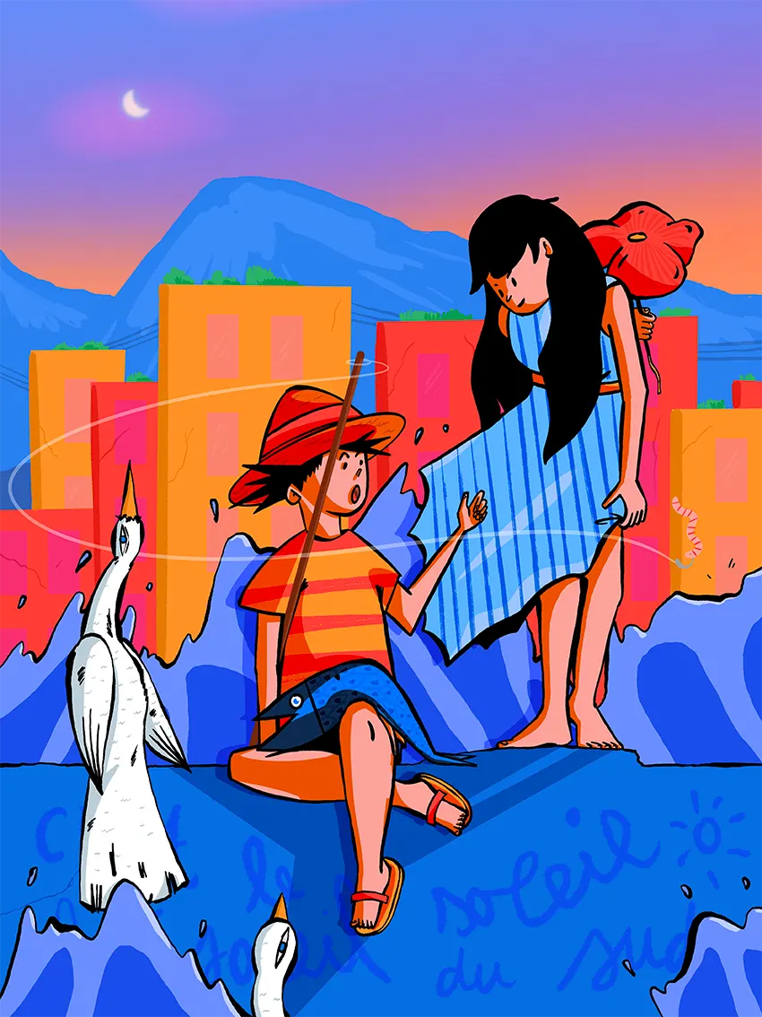 Illustration : deux enfants assis au bord de l'eau devant une ville colorée au crépuscule