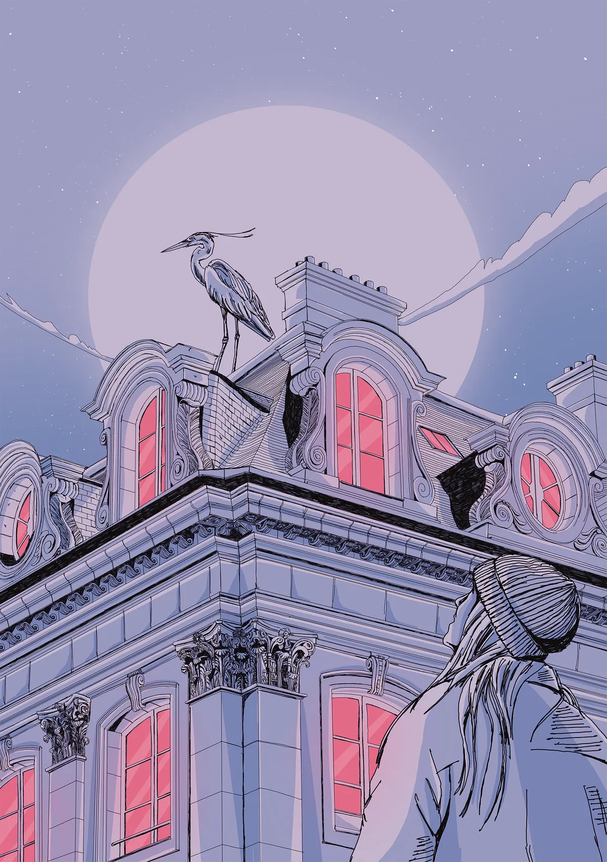 Illustration : héron perché sur un toit d'immeuble haussmannien devant la pleine lune