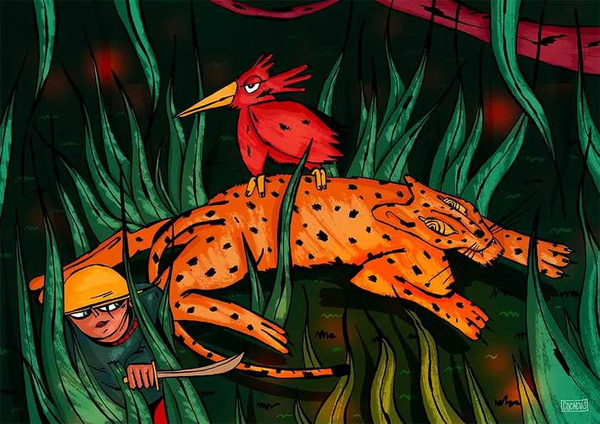 Illustration : léopard tacheté et oiseau rouge dans les hautes herbes, chasseur caché