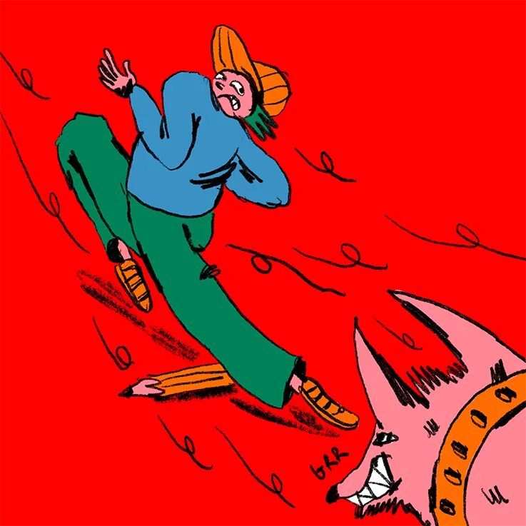 Illustration : personnage au bonnet orange poursuivi par un loup rose, sur fond rouge
