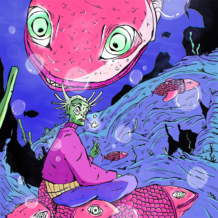 Illustration : personnage aux cheveux verts assis sur un poisson sous l'eau, face à une lune à grands yeux