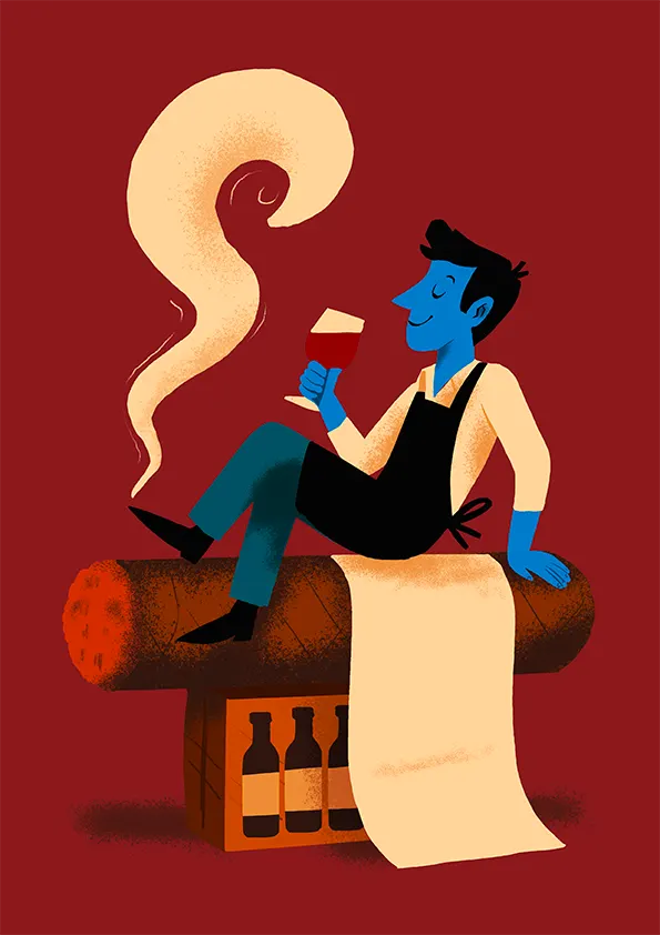 Illustration : serveur au visage bleu assis sur un saucisson, verre de vin à la main, sur fond rouge