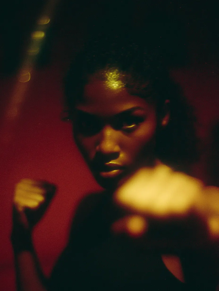 Boxeuse en garde sous une lumière rouge, visuel Speedfit au grain argentique