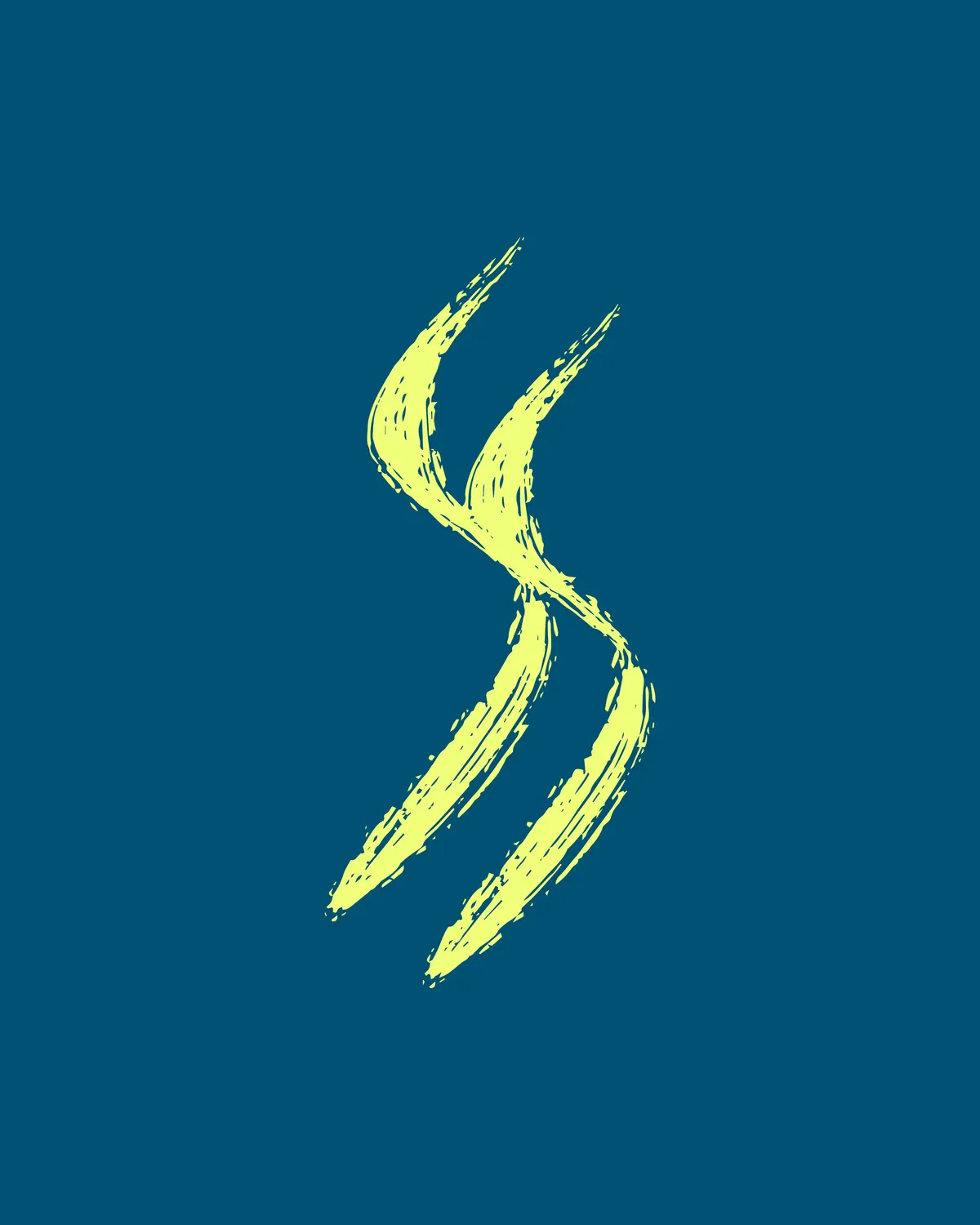 Symbole S de Speedfit tracé au pinceau, jaune fluo sur fond bleu pétrole