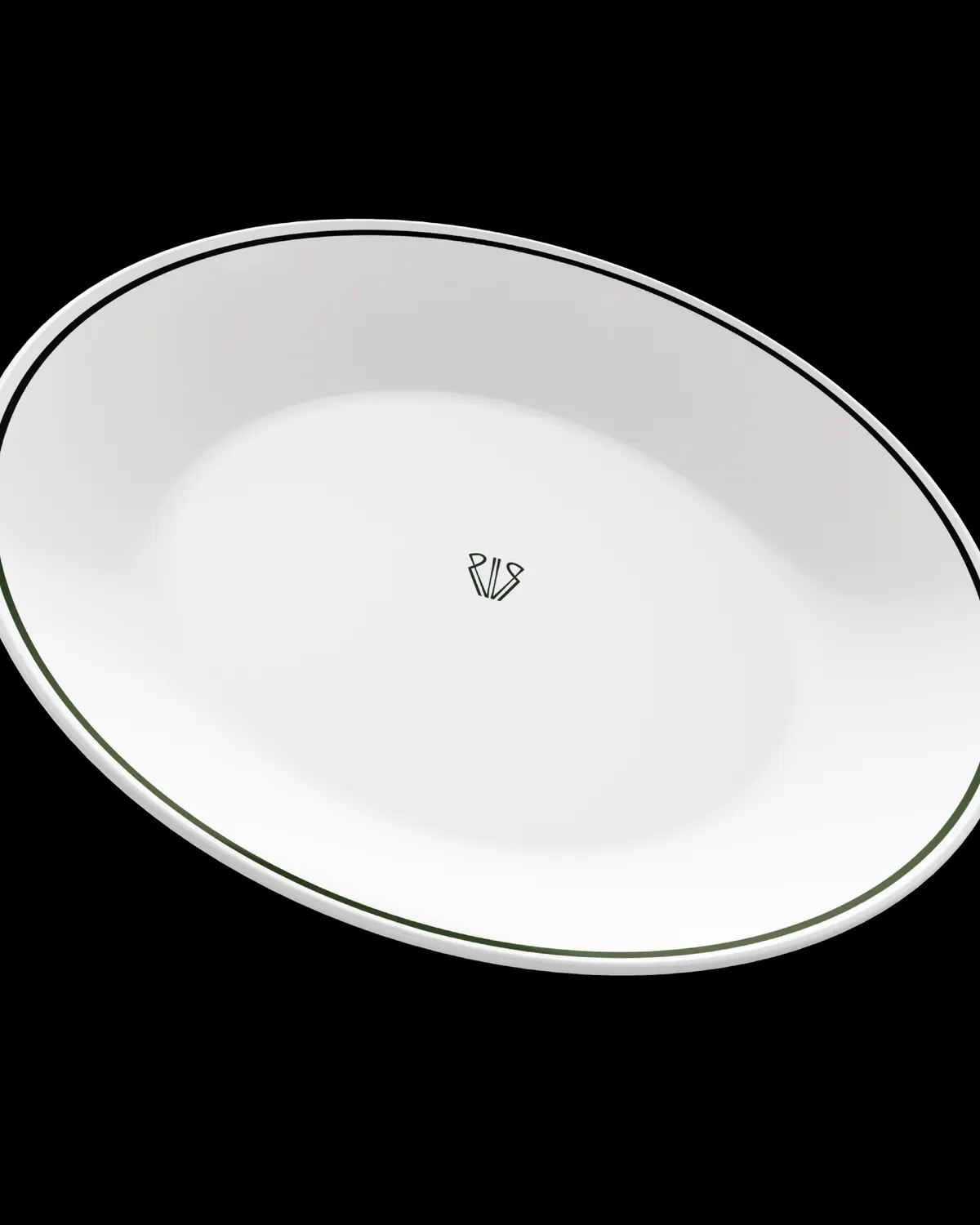 Assiette blanche à liseré vert marquée du monogramme Vignarella, sur fond noir