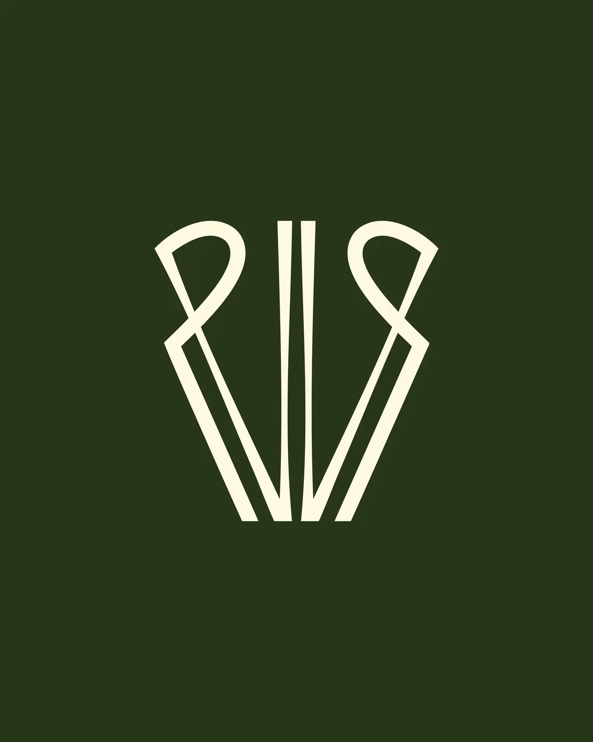 Monogramme VR de Vignarella, deux V et deux R fusionnés en forme de verre, crème sur fond vert forêt