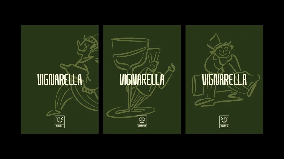 Trois affiches vertes de Vignarella avec les personnages de la Commedia dell'arte revisitée à la corse