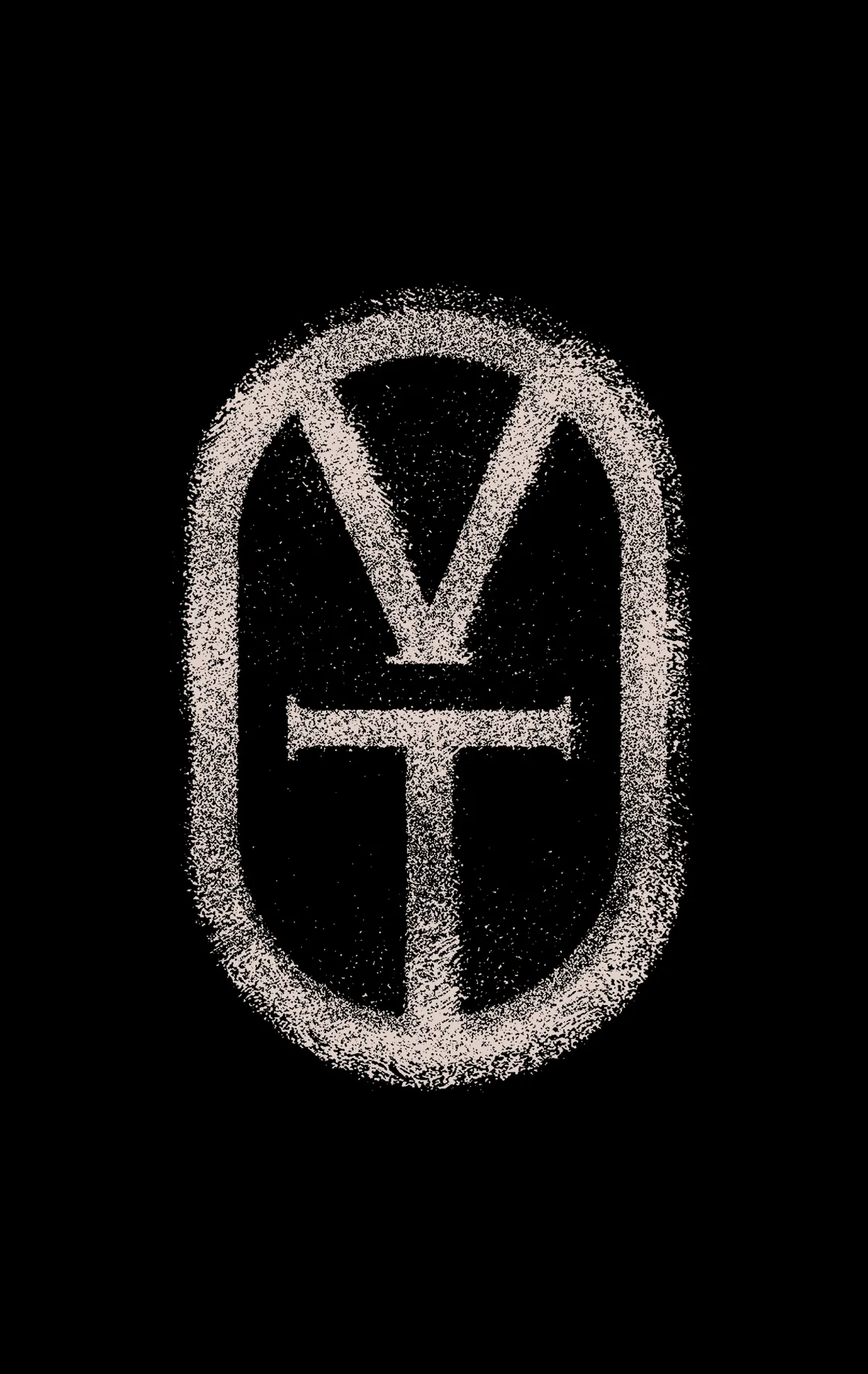 Monogramme de Villa·T, lettres V et T entrelacées dans un ovale au grain de craie, blanc sur noir