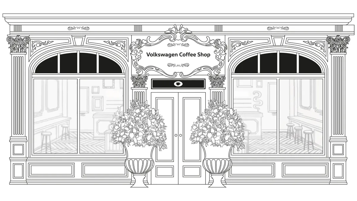 Illustration au trait de la façade baroque du Volkswagen Coffee Shop