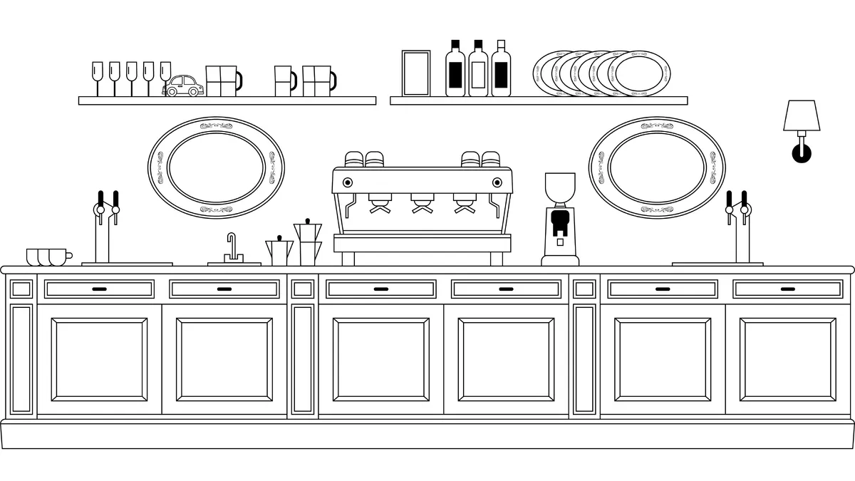 Illustration au trait du comptoir du coffee shop, machine à café et étagères