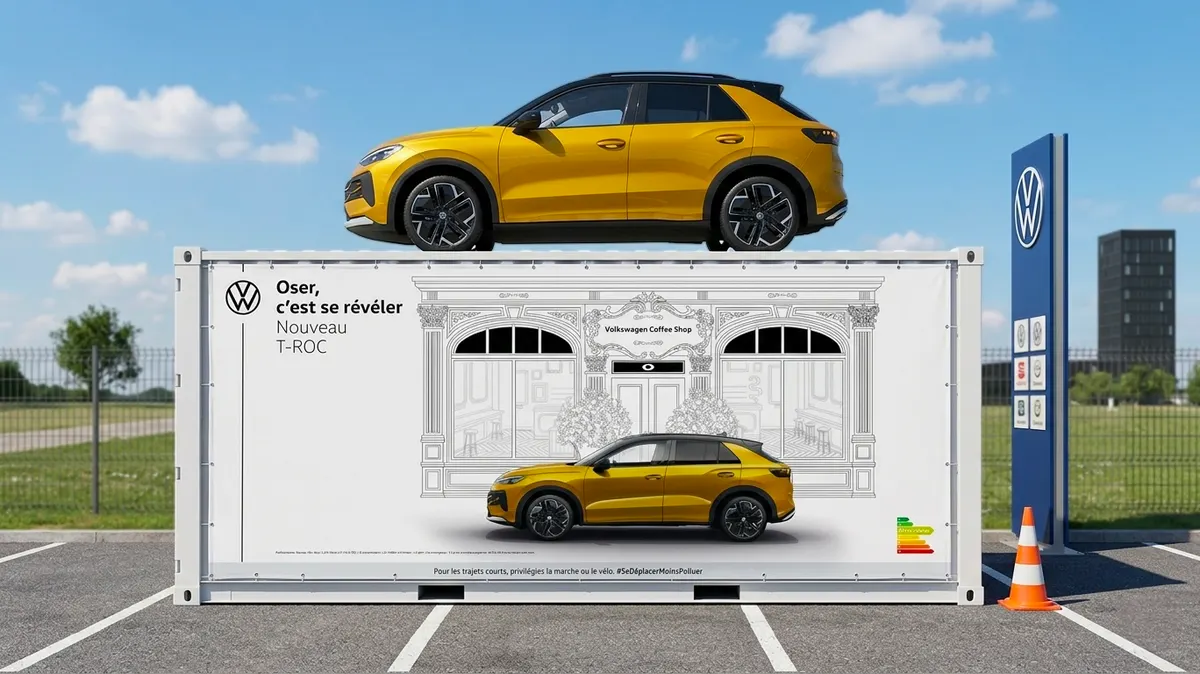 Reconstitution par IA du T-Roc posé sur un conteneur couvert d'une affiche de la campagne